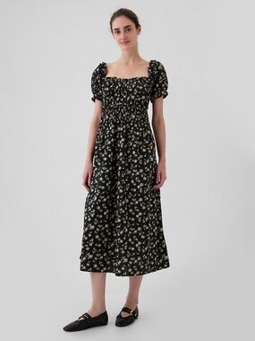 NWT GAP Women’s Black Floral Smocked Square-Neck Midi Dress XL Tall Cottagecore
